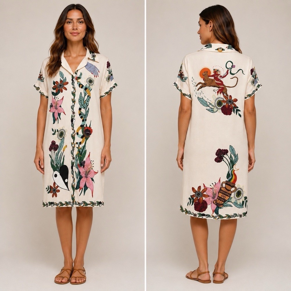 NWT Commense XS Tropical Floral Resort Shirt Dress Button Up Yin Yang Cheetah
